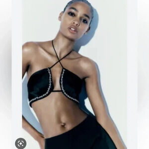 New Zara Satin Effect Rhinestone Black Top